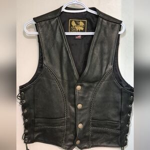 US Made Co  Motorcycle Black Leather Vest.Buffalo Nickel Button Sz.M Vintage